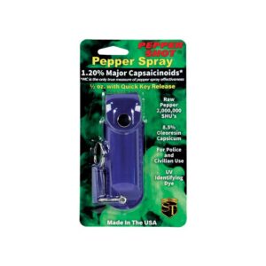 Pepper Shot 1.2% MC 1/2 oz pepper spray leatherette holster and quick release keychain blue