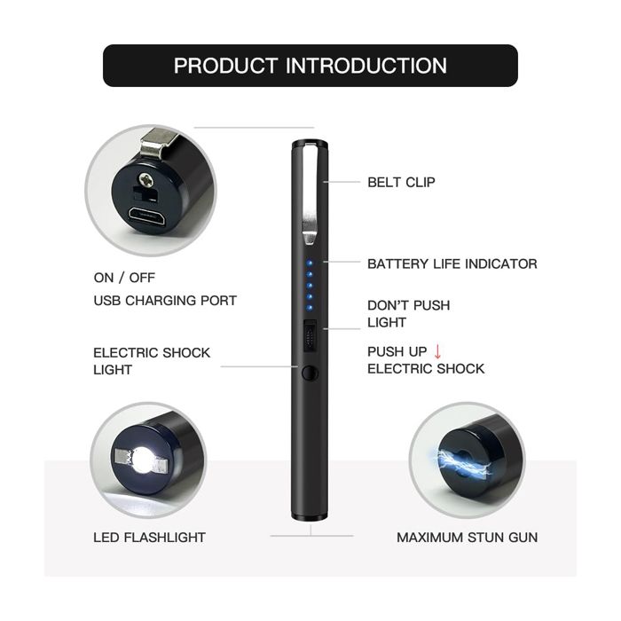 40,000,000 Volts Pen Stun Gun Flashlight with battery meter and pocket clip Black - Image 6