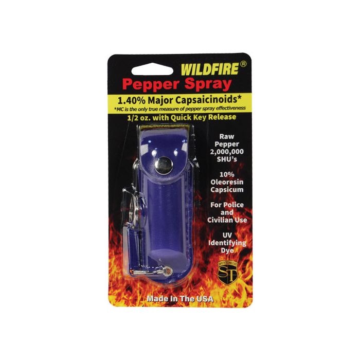 Wildfire 1.4% MC 1/2 oz pepper spray leatherette holster and quick release keychain blue