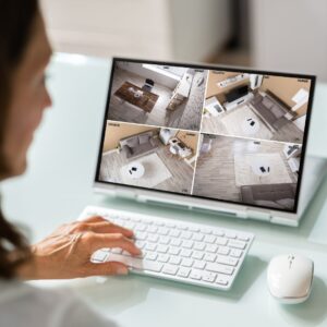 A woman looking at a security feed