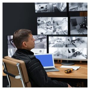 person watching surveillance cameras