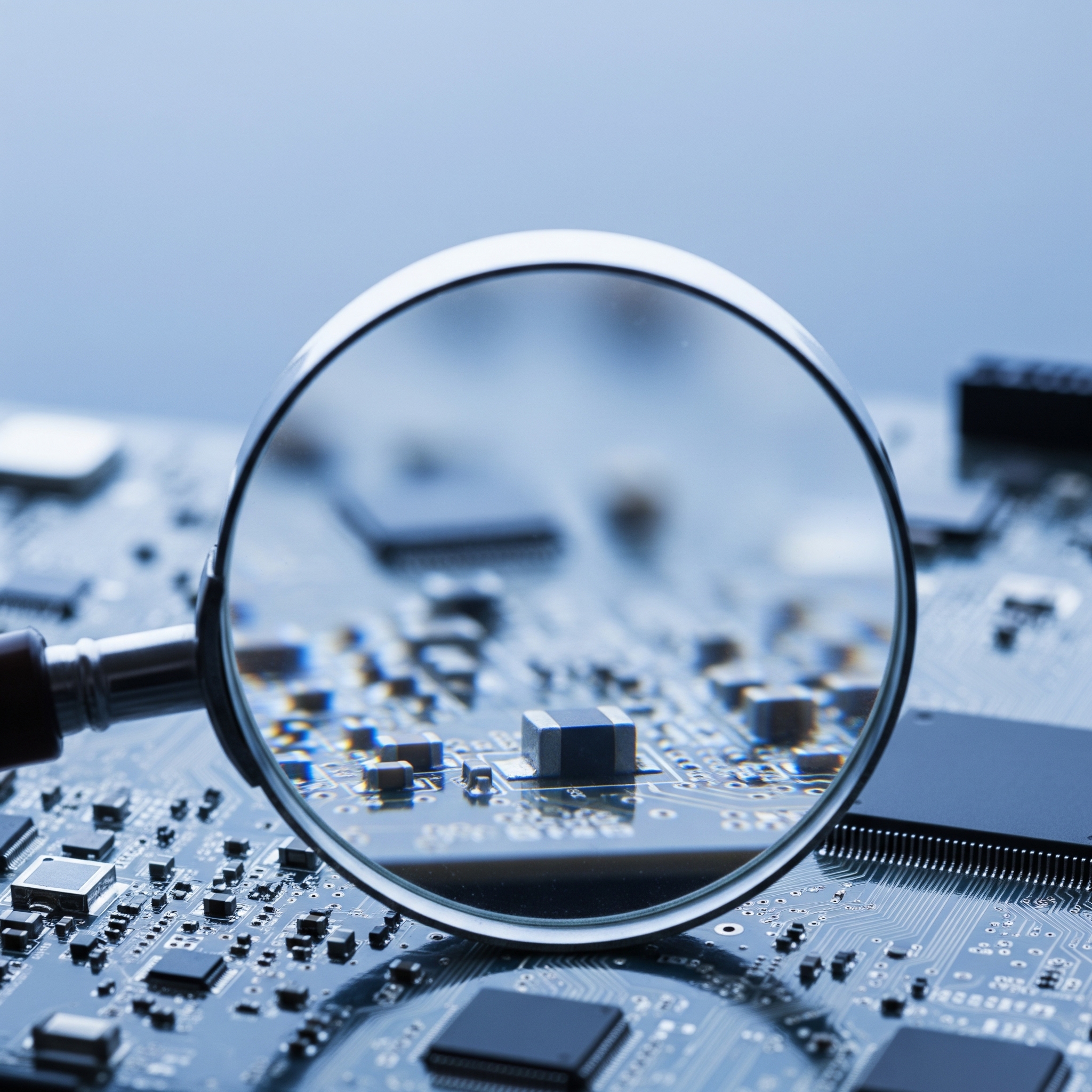 Magnifying glass inspecting the intricate components of a microchip or circuit board, emphasizing precision and quality.