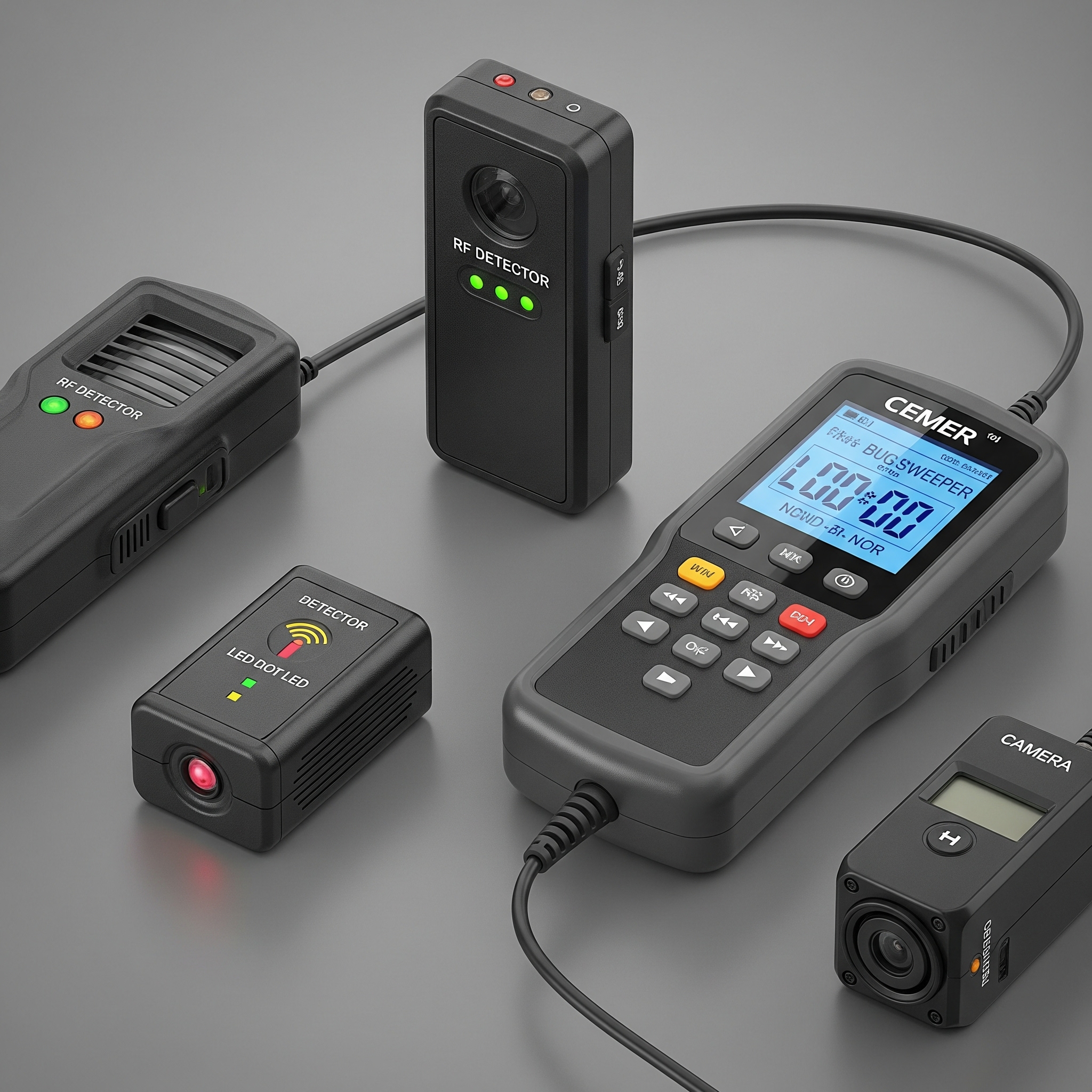 Close-up of various electronic bug detection devices