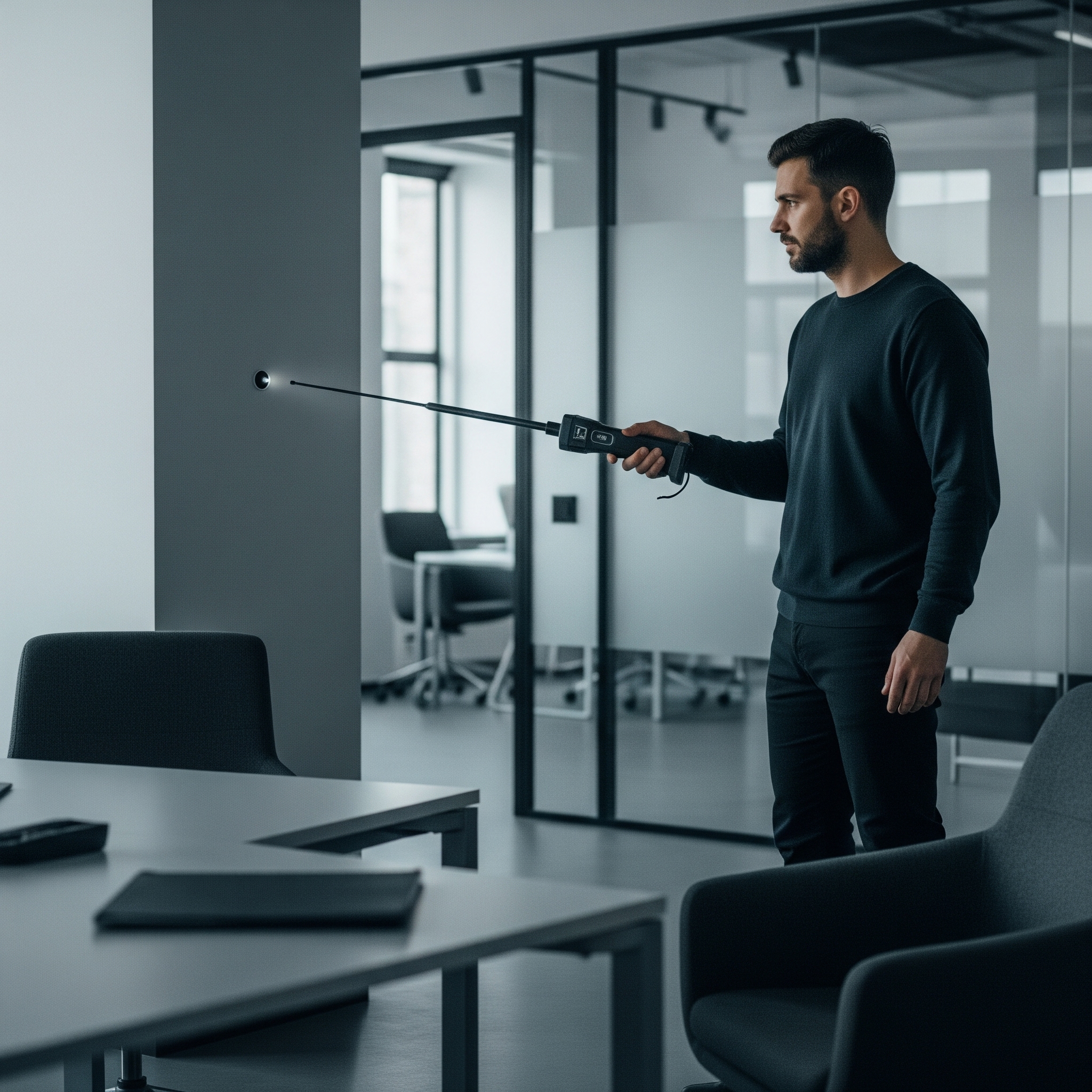 A person using a handheld signal detector to sweep a room for hidden cameras.