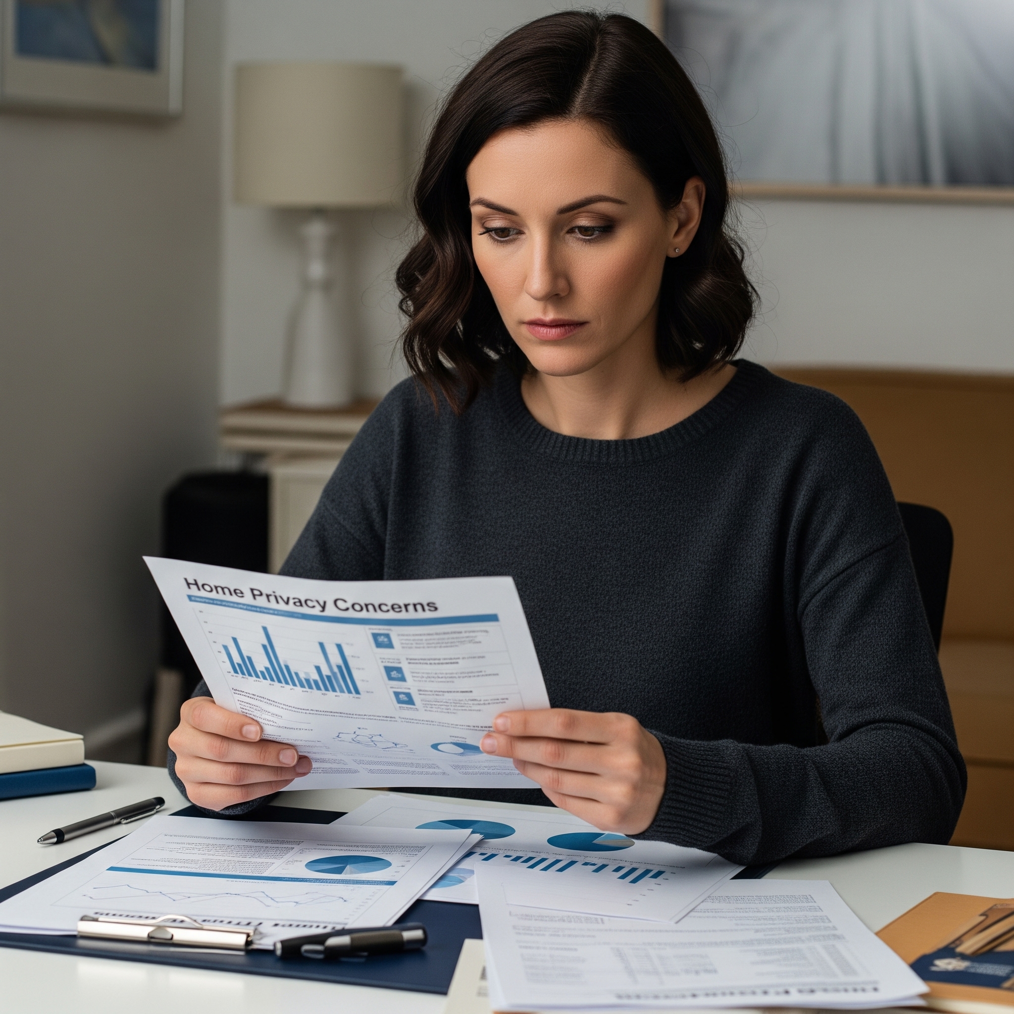 girl looking over documents around home security concerns