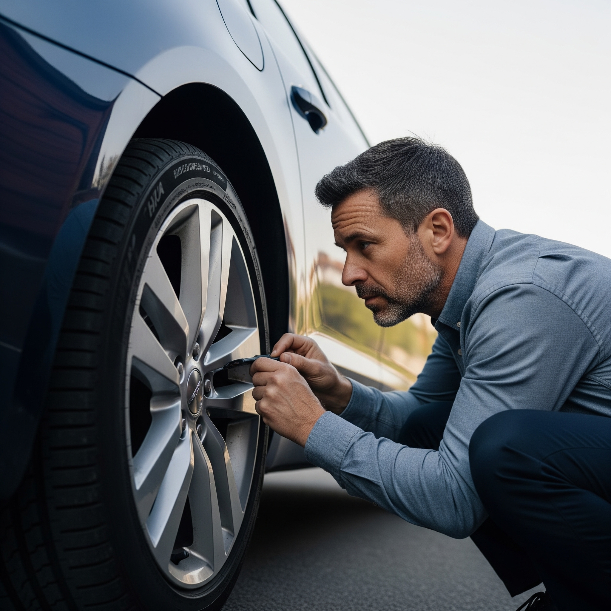 A person inspecting their car for tracking devices.