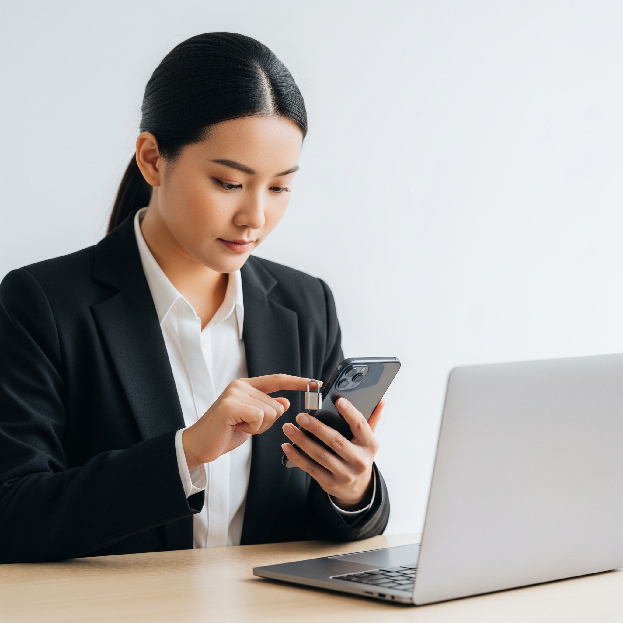 A person securing their smartphone with a fingerprint scan.