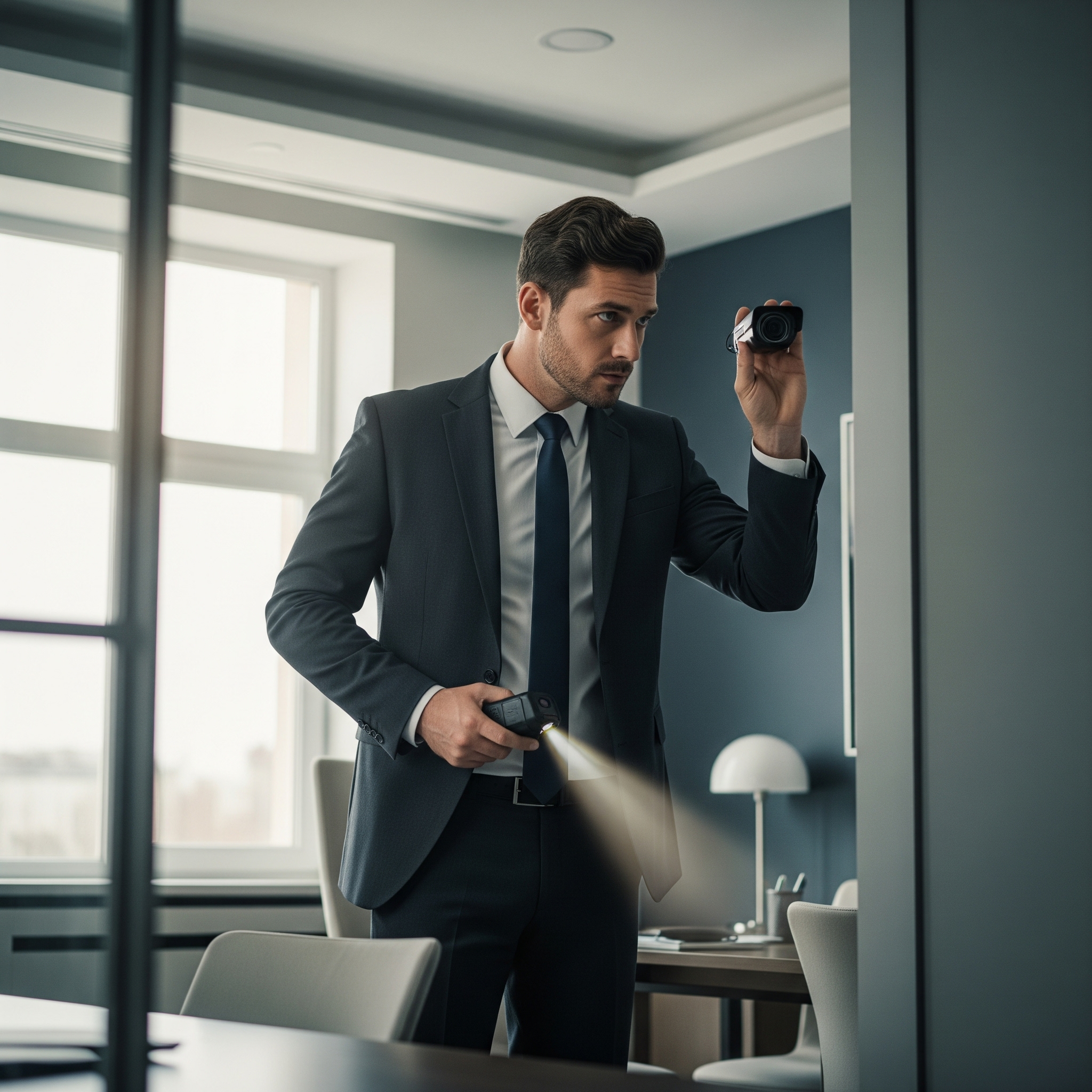 A man checking for hidden cameras in an office.