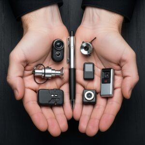 A hand holds a collection of essential professional spy equipment, showcasing a variety of small, sophisticated security tools.