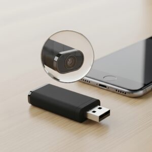 A magnified view of a USB drive, revealing a hidden camera lens, symbolizing the discreet nature of professional surveillance equipment.