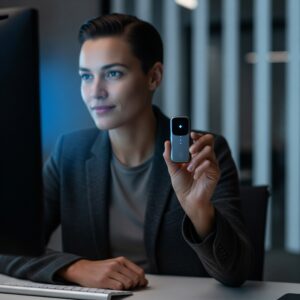 A security professional holding a sophisticated gadget in an office, symbolizing expertise in the use of advanced equipment.