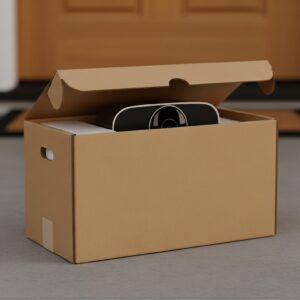 A discreet, unmarked shipping box is delivered, symbolizing confidential nationwide surveillance equipment delivery.