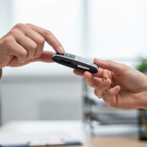 Two hands exchanging a small device, representing the transfer of expertise and solutions to law enforcement and business clients.