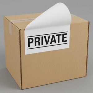 A close-up of a shipping label being peeled from a brown box, revealing a "PRIVATE" stamp, symbolizing the company's commitment to discreet shipping.