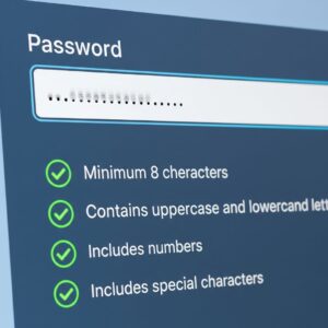 A computer screen showing a secure password entry field with green checkmarks indicating strong password criteria.