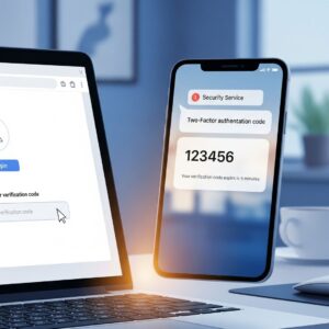 An illustration of a phone receiving a two-factor authentication code next to a laptop.