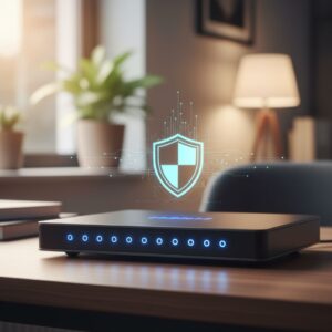 A close-up of a secure Wi-Fi router with glowing indicator lights, symbolizing a protected network.