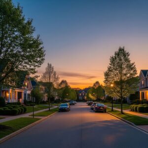 A peaceful, manicured suburban street at dusk.