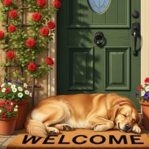 A large, friendly golden retriever sleeping on a welcome mat in front of a door.