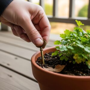 A close-up shot of a hand placing a key under a potted plant on a porch.