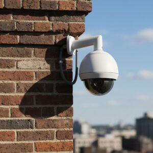 A large, obvious dome security camera mounted on the corner of a brick building.