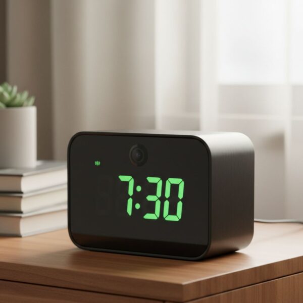 A digital alarm clock functioning as a hidden surveillance camera.
