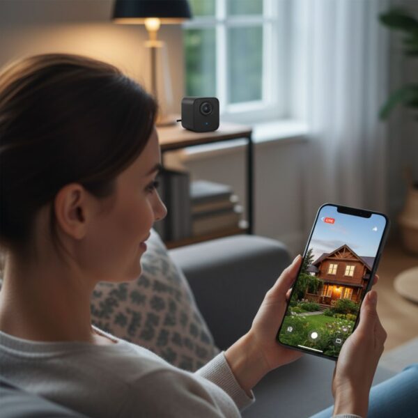 A homeowner remotely monitoring their vacation property on a smartphone.