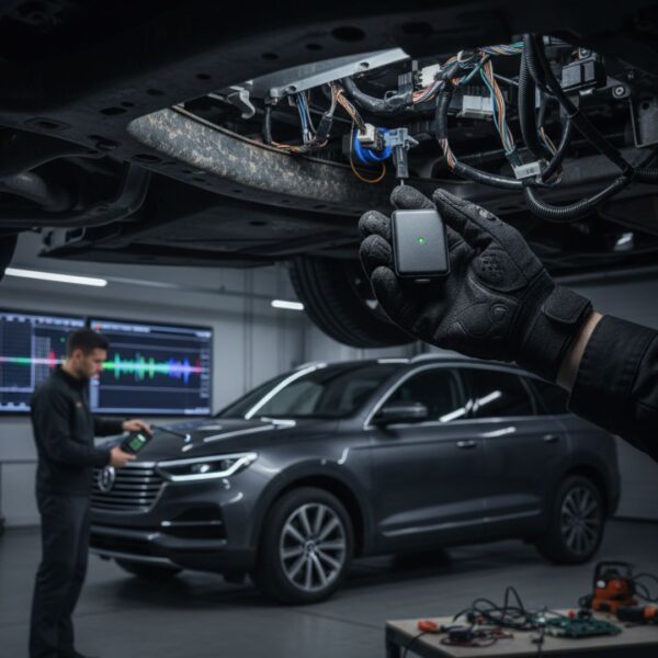 A close-up shot of a hand wearing a tactical glove carefully feeling underneath the chassis of a vehicle.