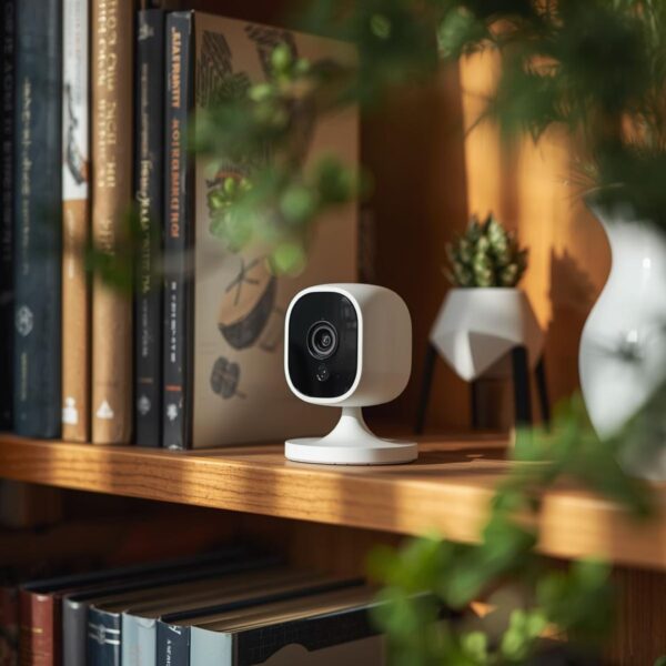 stylish, compact security camera is subtly placed on a wooden bookshelf among books and small decorative plants.