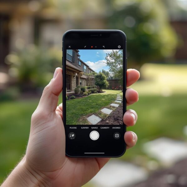 A person holds a smartphone displaying a live, high-definition security camera feed of a backyard.