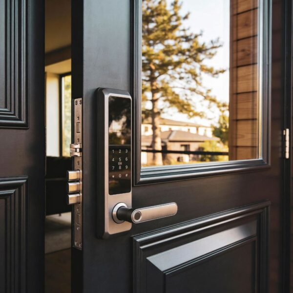 A close-up photograph of a modern front door with a sleek smart lock and a small door sensor attached to the frame