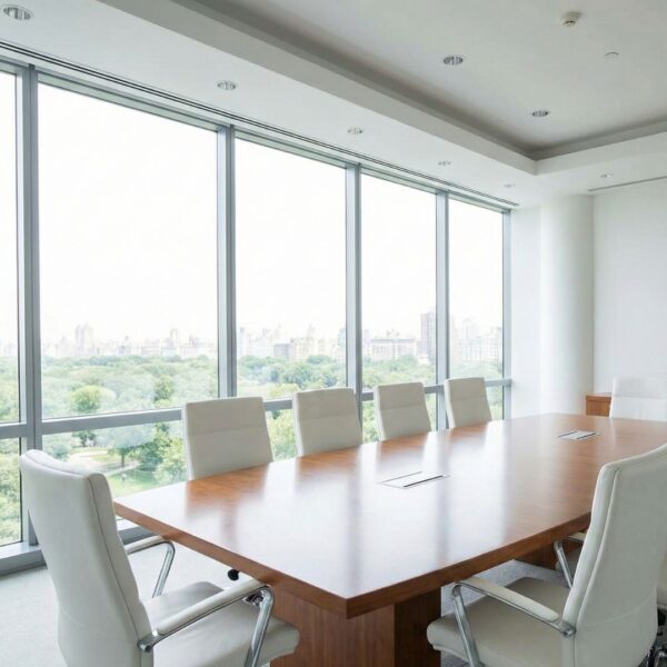 A wide-angle view of a clean, minimalist executive boardroom with natural light, representing a secure corporate environment.
