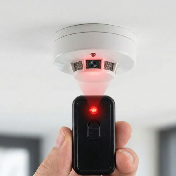 A close-up shot of a specialized lens finder device detecting a hidden camera lens disguised in an everyday object.