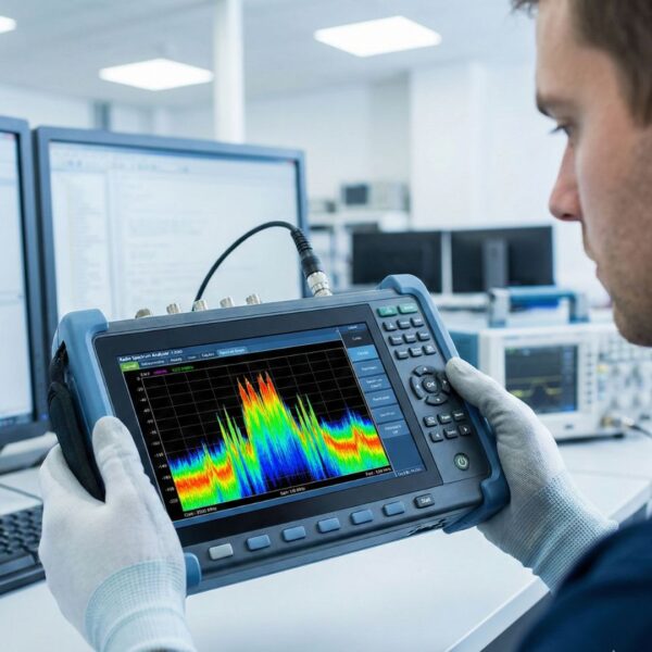 A technician viewing complex signal graphs on the screen of a portable spectrum analyzer device in a bright office.
